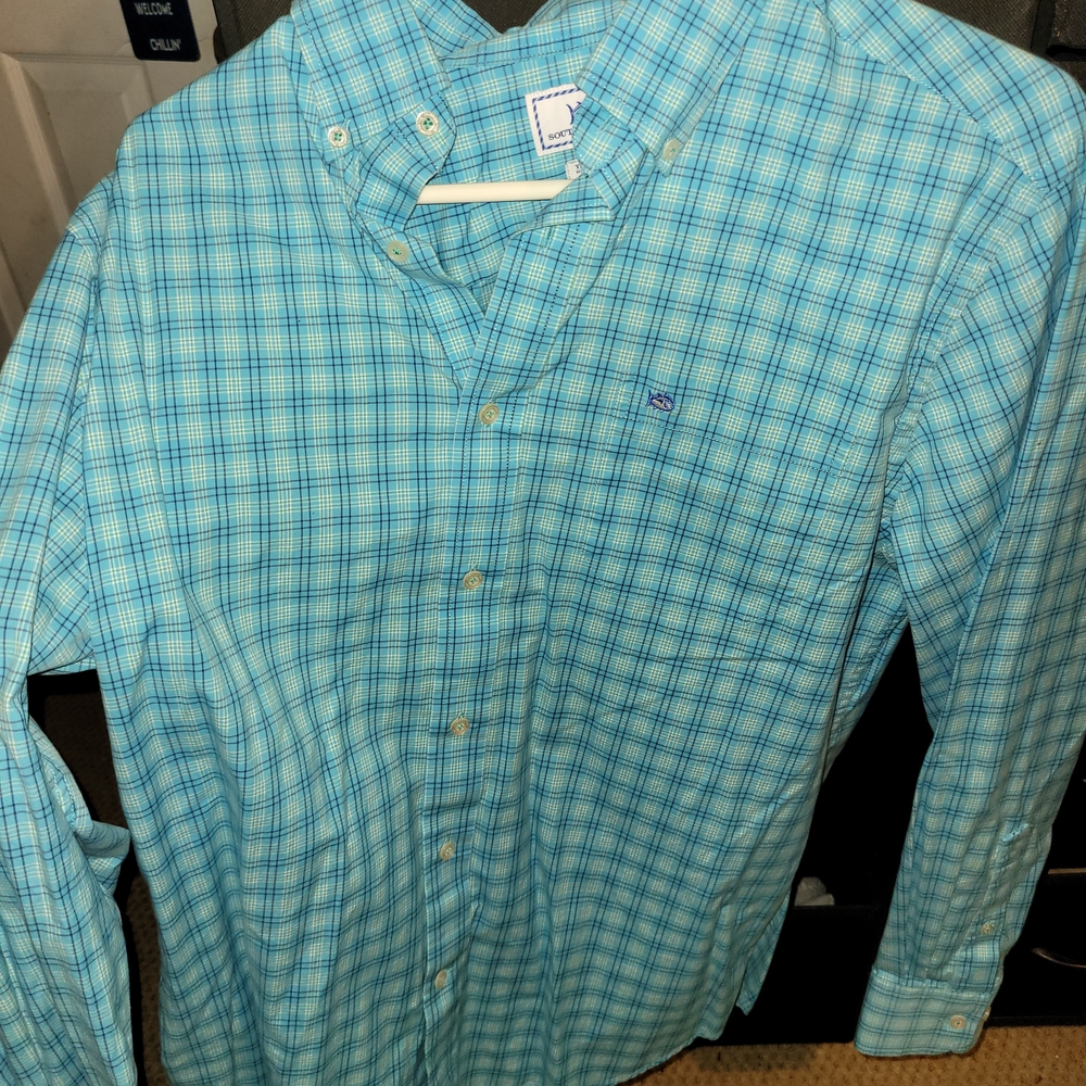 Southern Tide Aqua Plaid Button Down Shirt
